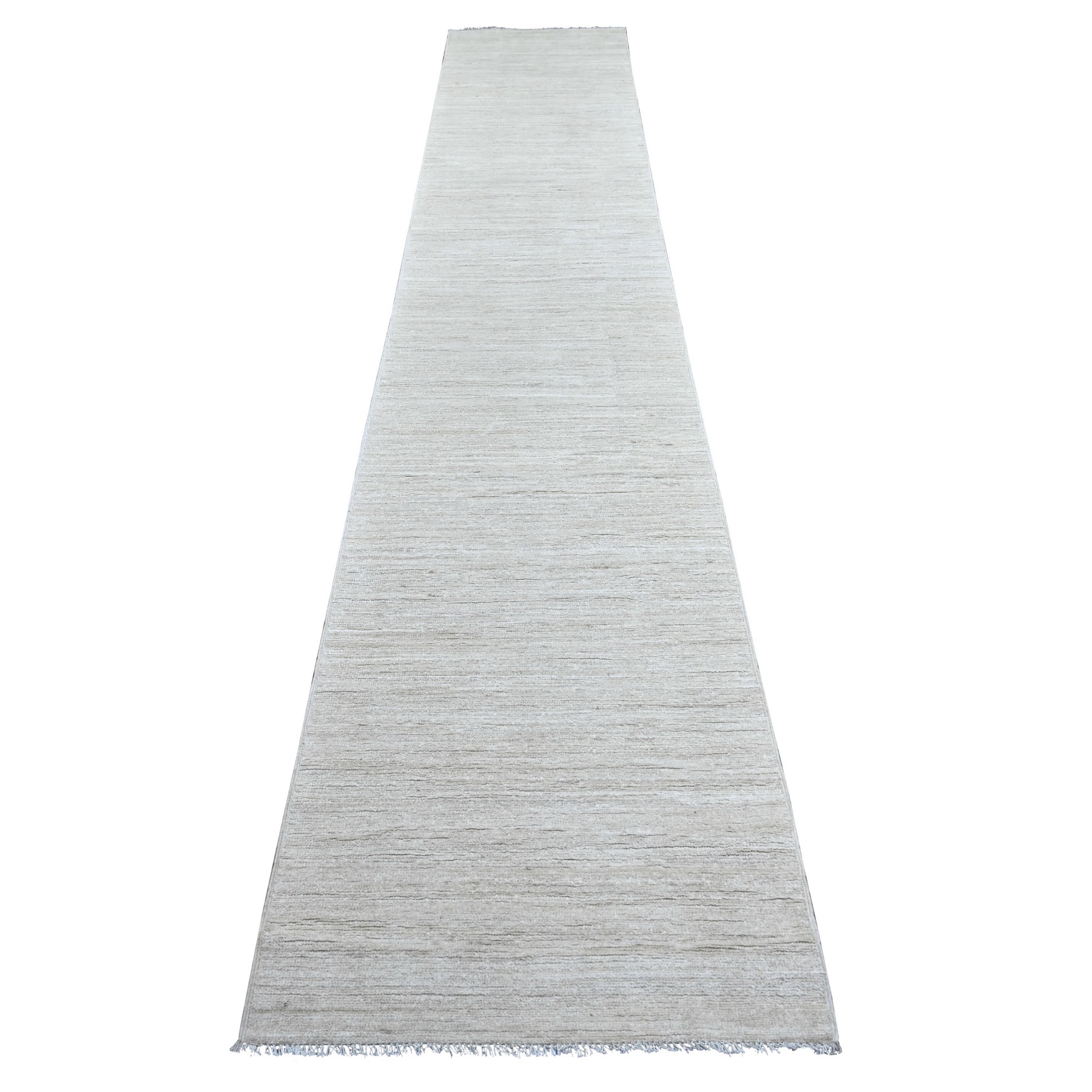 2'6"x14'4" Daisy White, Plain Solid Pattern, Hand Knotted, Hand Spun Ghazni Wool, Lush and Plush, Runner, Oriental Rug 